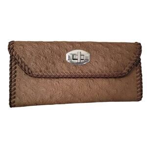 Leather Suede Trifold Wallet Side Stitch Ostrich Woven Edge